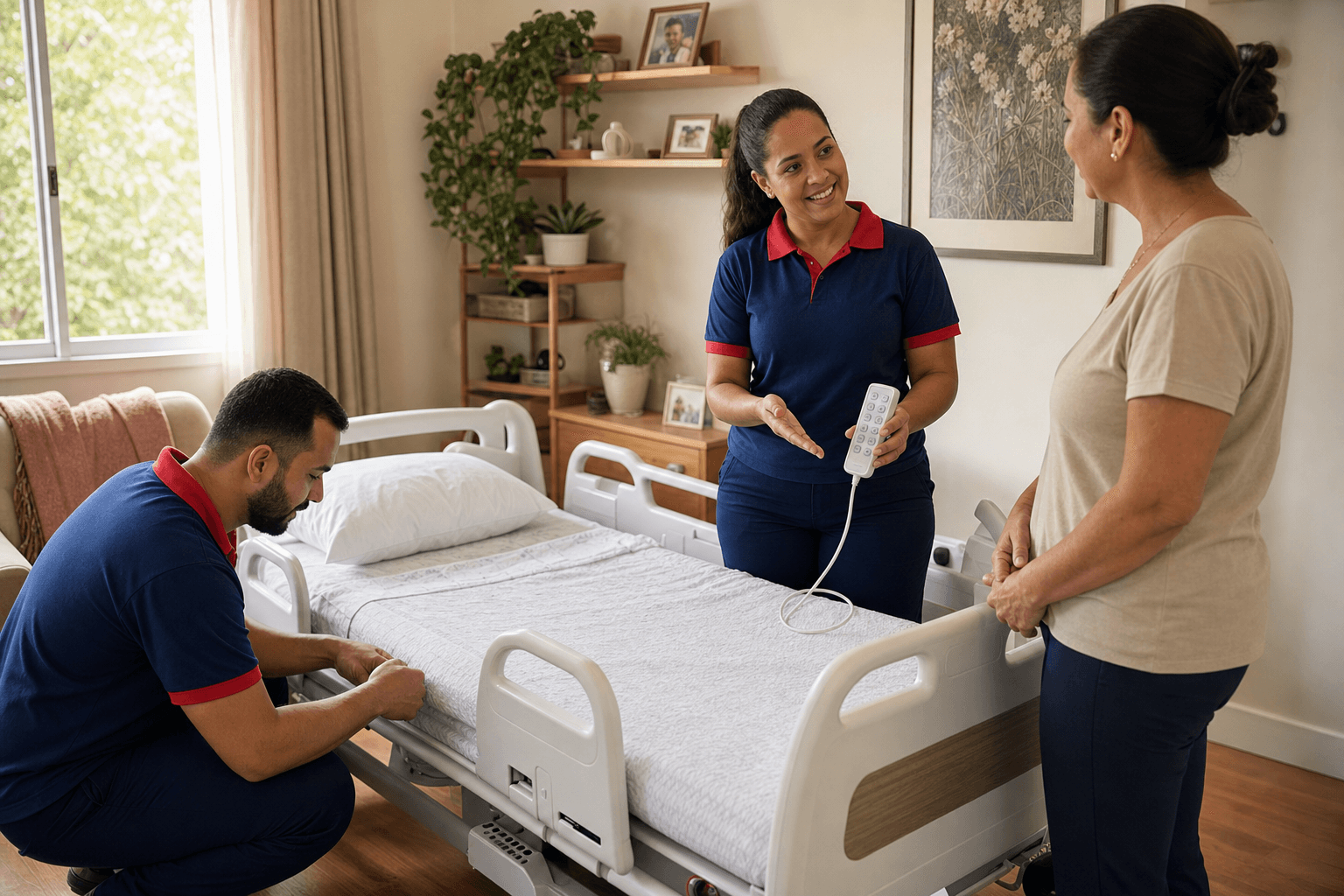 Equipe Alocama entregando e explicando o uso da cama hospitalar para familiar
