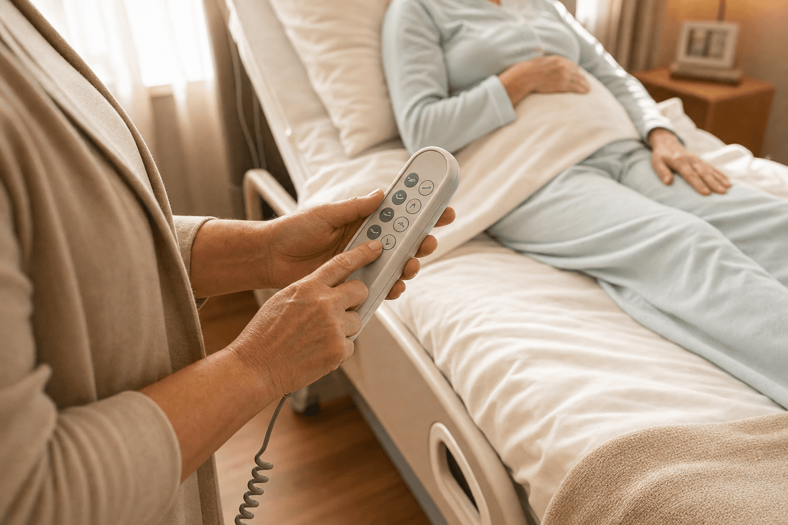 Cuidadora ajustando posição da cama hospitalar com o controle remoto